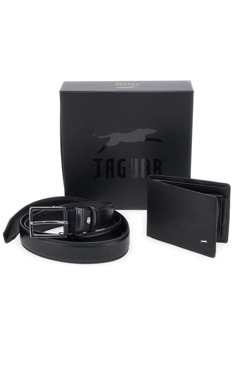 JAGUAR Set Cofanetto cintura e portafoglio nero in vera pelle PR001-1 [NERO]