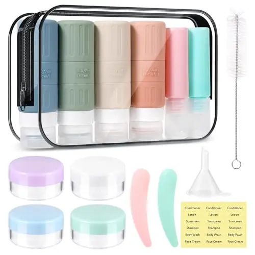JAMATA Set da Viaggio 16pz in Silicone 100ml, Flaconi Ricaricabili Senza BPA per Shampoo, Lozione e Gel Doccia, Kit
