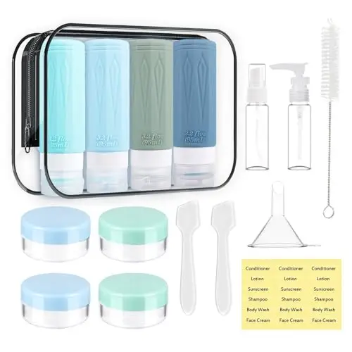 JAMATA Set da Viaggio 16pz in Silicone 95ml, Riutilizzabili e Anti-Perdita, Flaconi da Viaggio 95ml per