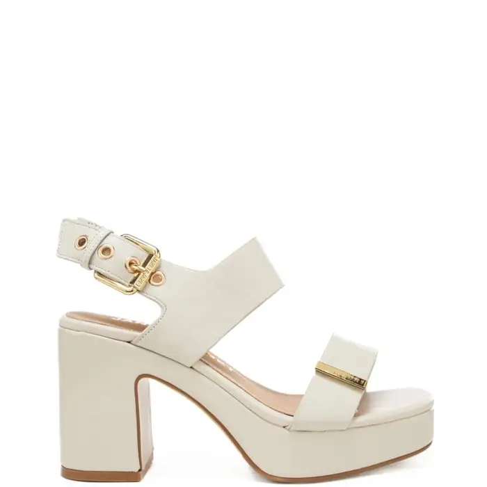 sandali alti da donna con tacco a blocco e dettagli dorati burro