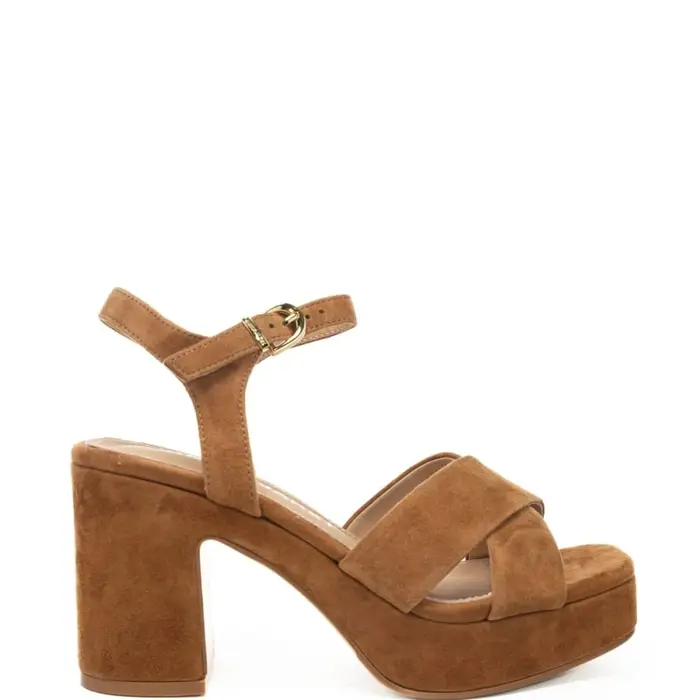 sandali alti da donna in suede con tacco a blocco caramello