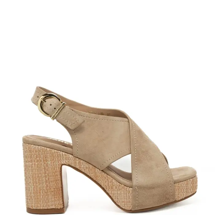 scarpe alte da donna con fasce frontali a incrocio e tacco a blocco beige