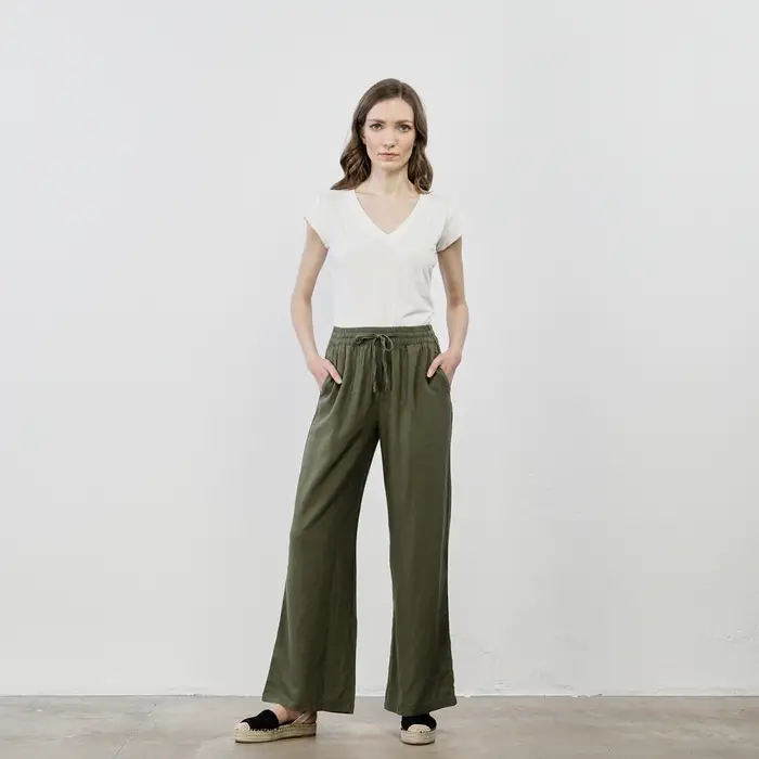 JDY Pantaloni verdi lunghi misto lino con coulisse in vita