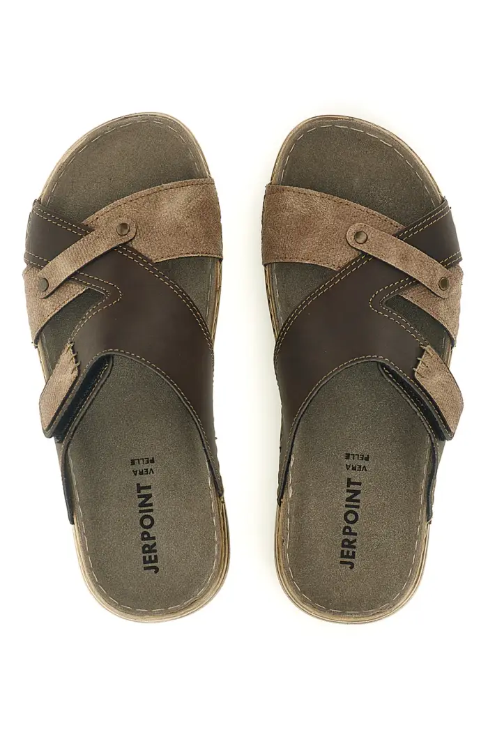 Ciabatte marroni con velcro e sottopiede in vera pelle Jerpoint 8013PSSK [TESTA DI MORO]