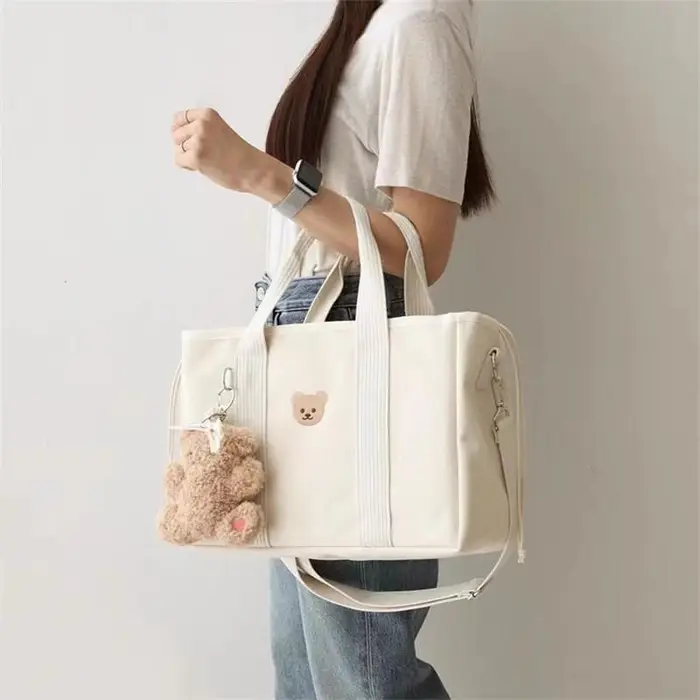 JMG Bags Borsa Mamma Orsetto Cartone Animato Borsa Mamma Tela Leggera Multifunzionale Portatile Borsa Bebè bianco