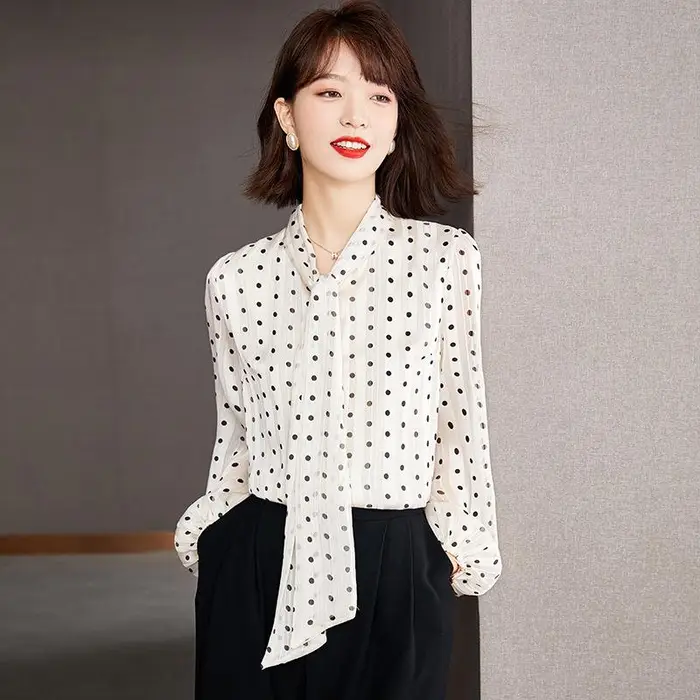 Estate Nuovo Abbigliamento da Donna Largo con Nastro a Pois Sottile Temperamento Elegante Slim Top a Maniche Lunghe da Donna XXL bianco