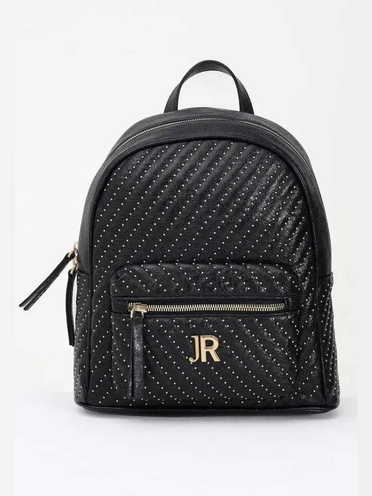 zaino nero a trapunta con micro borchie dorate e logo metallico