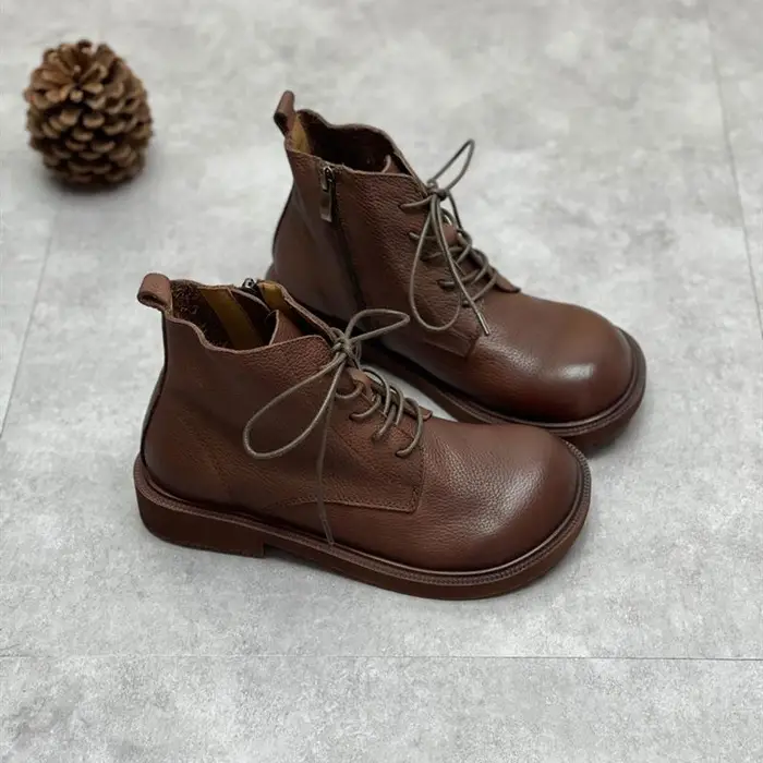 Johnature stivali invernali in vera pelle scarpe da donna punta tonda con cerniera piatta con stivaletti da donna alla caviglia da cucito