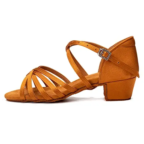 JUODVMP Scarpe Ballo Latino Bambina Scarpe da Ballo Salsa Bambina con Tacco 3cm Marrone Scarpe Latino Donna Americano