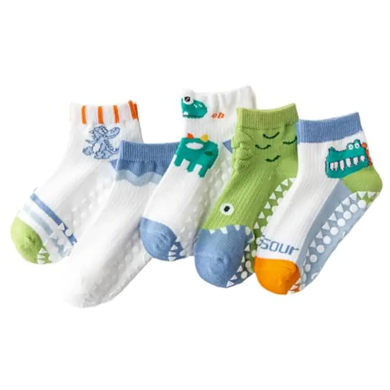 Jupsk 5 Paia di Calzini per Bambini con Dinosauri, Calzini Sportivi alla Caviglia con Impugnature Antiscivolo, Calzini