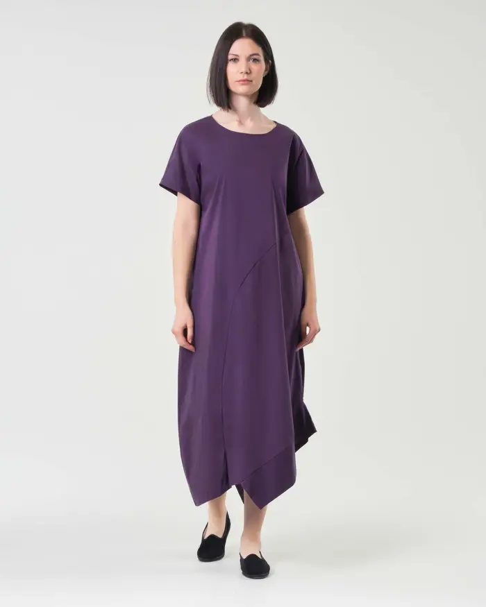 Abito lungo viola Jurerê in popeline di cotone e viscosa con mezza manica e fondo con tagli asimmetrici