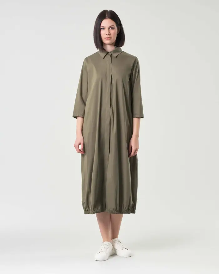 Abito midi chemisier verde militare Jurerê in cotone stretch con maniche tre quarti ed elastico al fondo