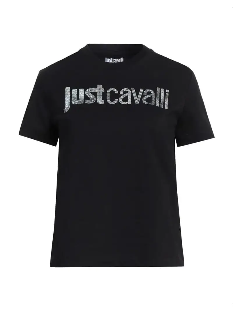 Just Cavalli tshirt nera donna in cotone logo con strass sul davanti