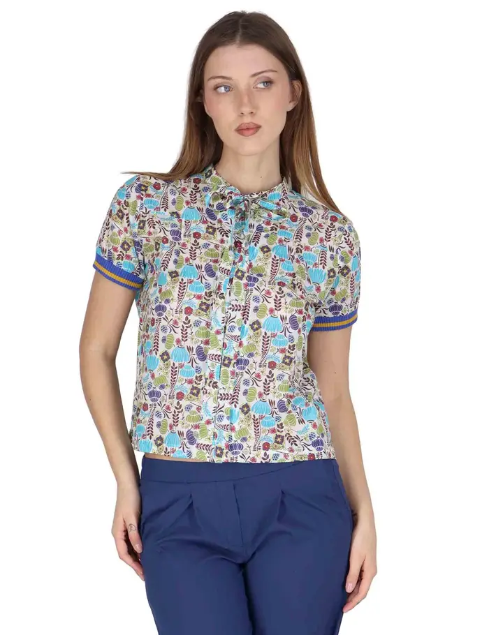 Justmine Camicie Ribbon Blouse in cotone blu a fantasia Donna JABCM0001-F1395-1229 6005