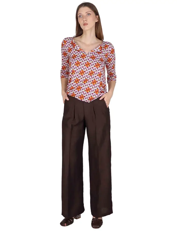 Justmine Pantaloni Elastic Waist Trousers in lino marrone Donna JABPN0001-F1369-1254 8140