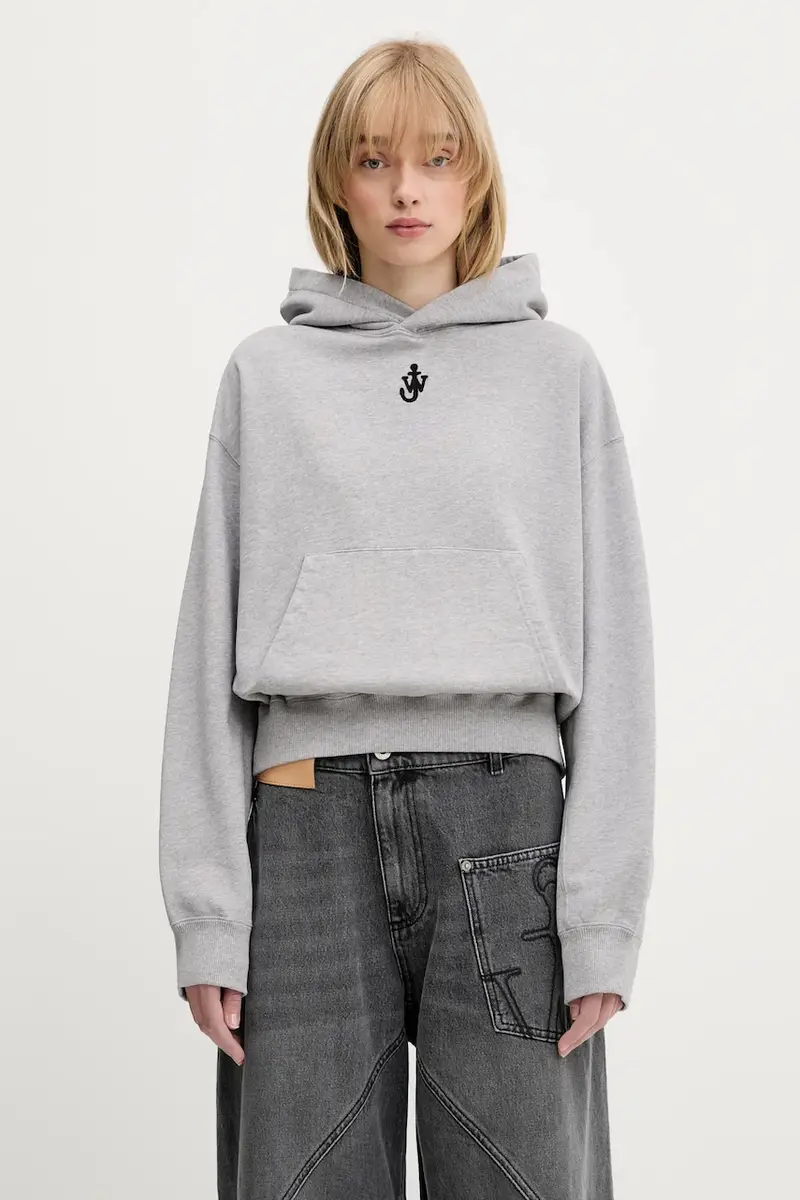 JW Anderson felpa in cotone Anchor Embroidery Cropped donna colore grigio con cappuccio JW0216.PG1719.907