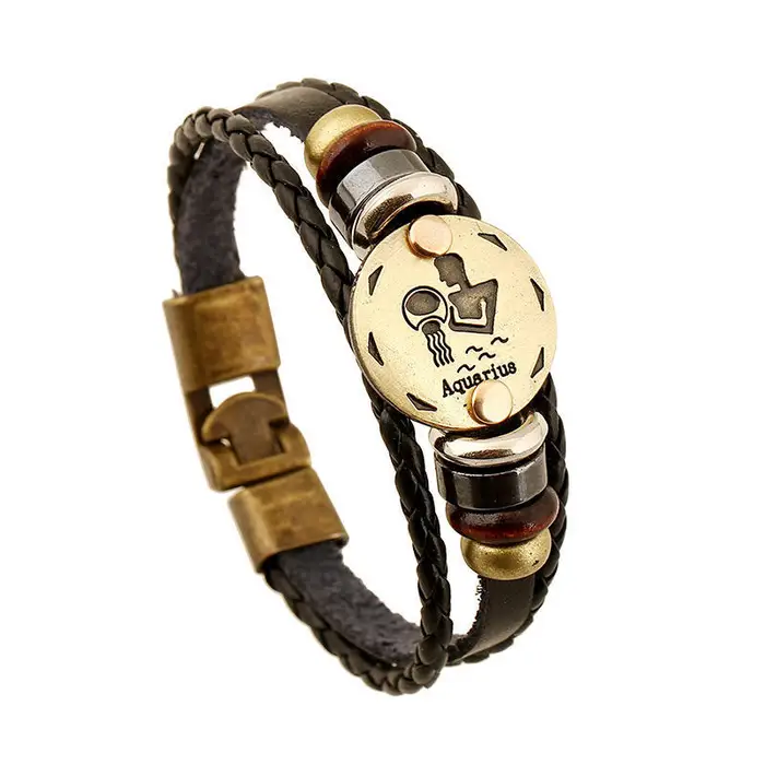 12 costellazioni Bracciale in pelle multistrato con catena, gioielli per donna, uomo, compleanno, San Valentino 3 Aquarius