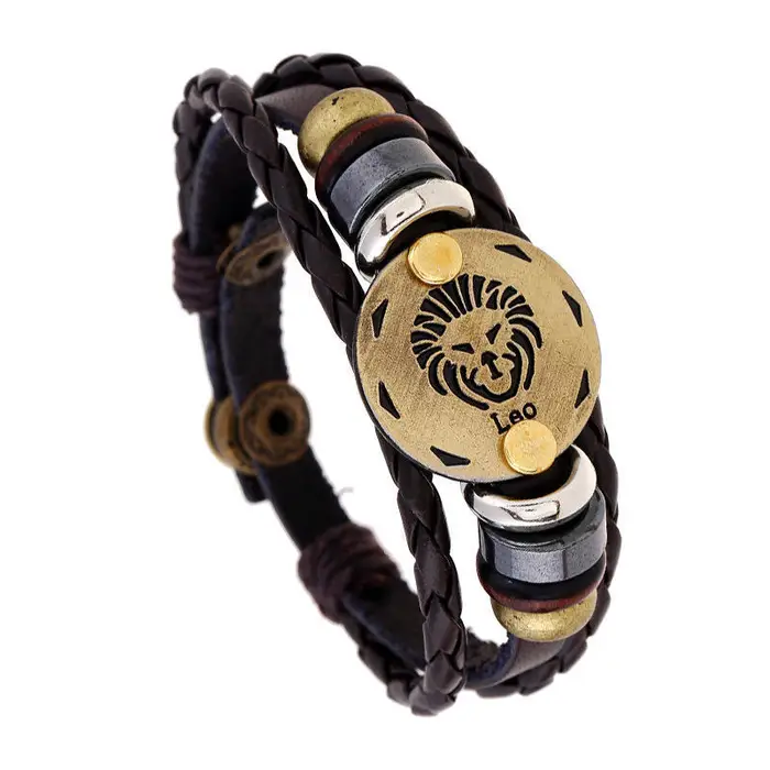 12 costellazioni Bracciale in pelle multistrato con catena, gioielli per donna, uomo, compleanno, San Valentino 9 Leo
