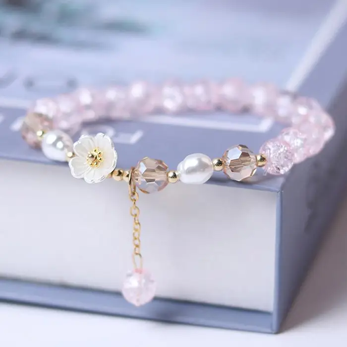 KaiTingu Braccialetto di perline di cristallo da donna con ciondolo di fiori di perle Amicizia rosa