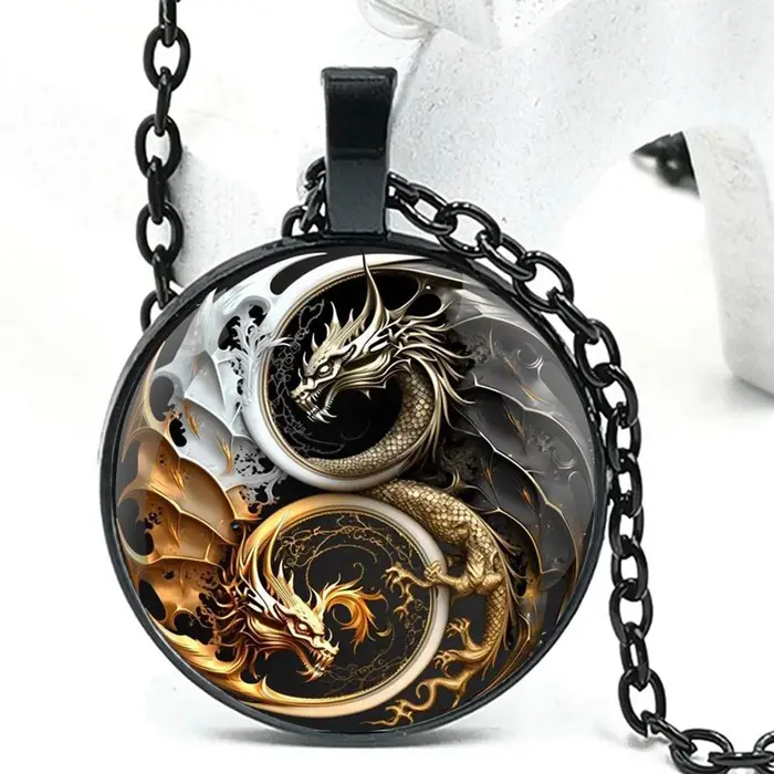 Collana Pendente con Catena Fatta a Mano in Cupola di Vetro con Drago di Bronzo e Drago Dorato per Uomo e Donna Accessori Gioielli Regalo di Compleanno nero