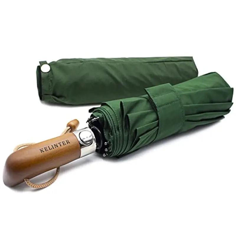 KELINTER Ombrello Pieghevole Automatico - 10 Steli Rinforzati, Teflon 300T, Antivento, Manico in Legno Ergonomico