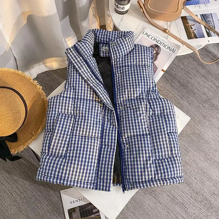 Giacca Gilet Senza Maniche a Quadri con Collo Alto da Donna Autunno e Inverno Nuovo Gilet Casual Sovrapposto Largo L