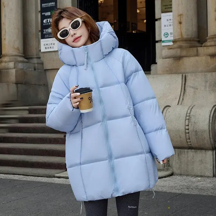 Giacca Imbottita da Donna con Cappuccio Nuovo Stile Media Lunghezza Spessa Giacca di Cotone per Persone Basse, Cappotto a Panino, Giacca di Cotone L blu