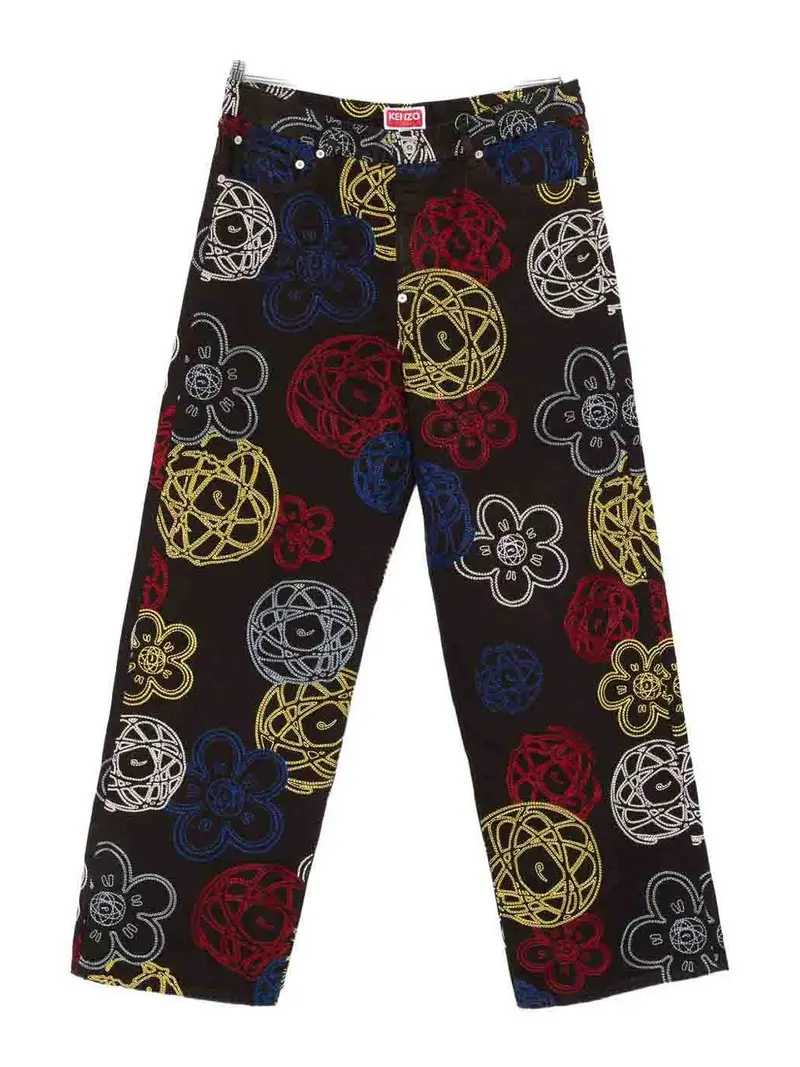 Kenzo Pantaloni in cotone ricamato Marrone