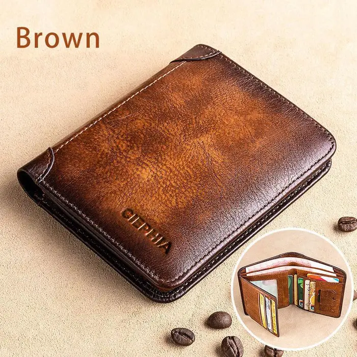 Khalesex Portafogli Rfid in vera pelle da uomo Porta carte di credito porta carte di credito vintage sottile corto multifunzione marrone