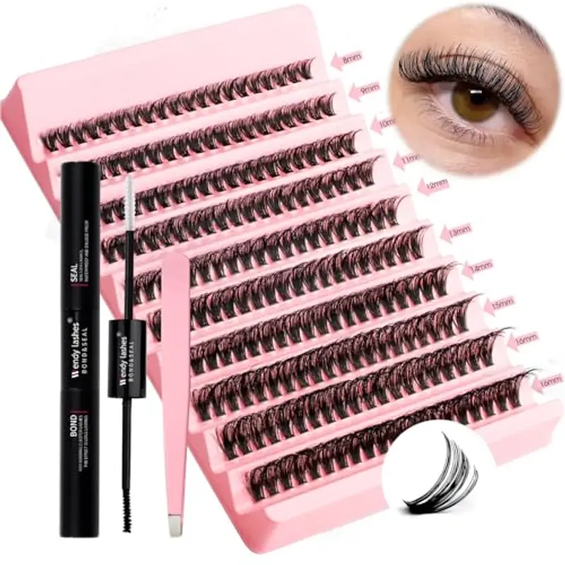 WENDY LASHES Kit Extension Ciglia 200PCS Clusters Lashes Kit D Curl 0, 07 50D 8-16mm Ciglia Finte Individuali Fluffy Cluster Eyelash con