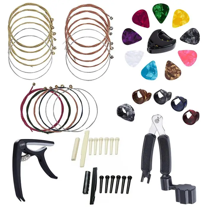 Koogeelife Kit di accessori per chitarra da 34 pezzi, plettri per chitarra, capotasto, corde per chitarra acustica, piroli, corde in osso 1