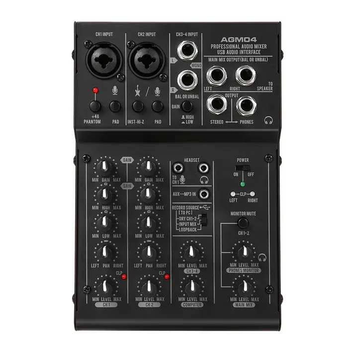Koogeelife Mini console di missaggio a 4 canali Mixer audio digitale Equalizzatore a 2 bande Alimentazione Phantom 48 V integrata 5 V