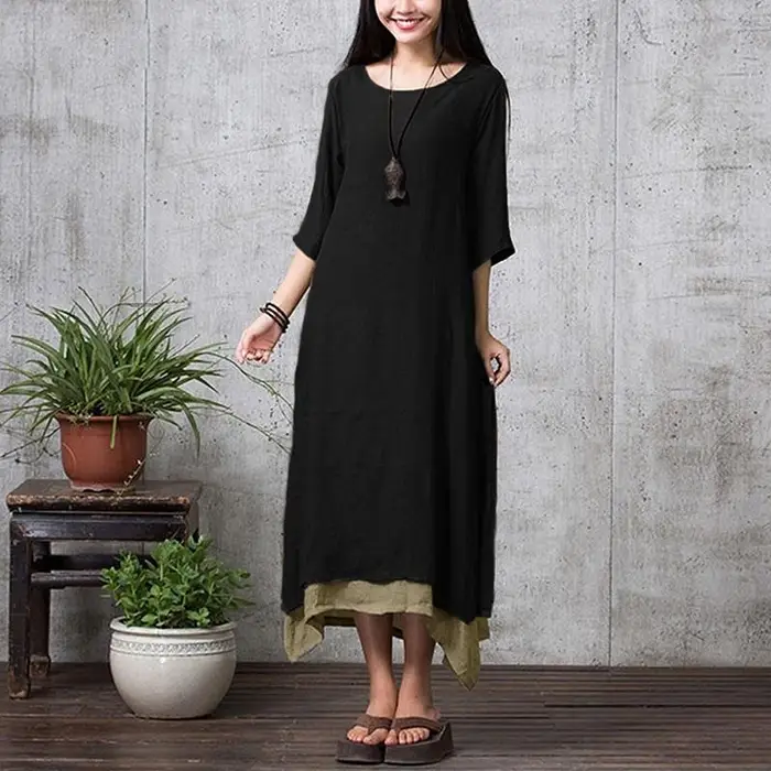 Koogeelife Nuovo vestito vintage da donna con spacco e orlo irregolare, casual, largo, boho, lungo, maxi, arancione/esercito XL nero