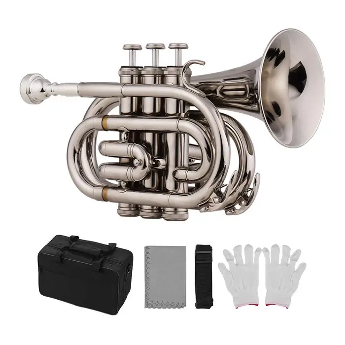 Koogeelife Strumento a fiato in materiale ottone piatto per tromba tascabile in Sib con custodia in panno per la pulizia argento