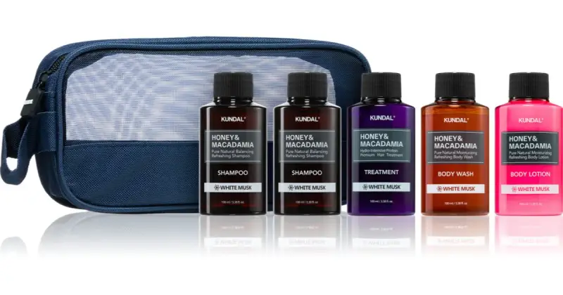 Kundal Honey & Macadamia White Musk set di cosmetici da viaggio per corpo e capelli