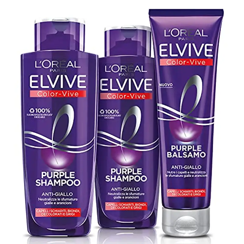 L'Oreal Paris L'Oréal Paris Routine Completa Anti-giallo Elvive Purple, Kit con 2 Shampoo e 1 Balsamo, Azione Anti-giallo Per Capelli