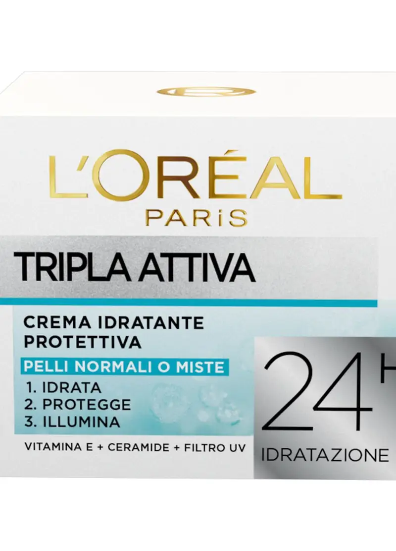 Loreal L'OREAL, L'oréal Paris Crema Idratante Viso Tripla Attiva, Idrata, Protegge E Illumina, Per Pelli Normali E Miste, 50 Ml., Donna,