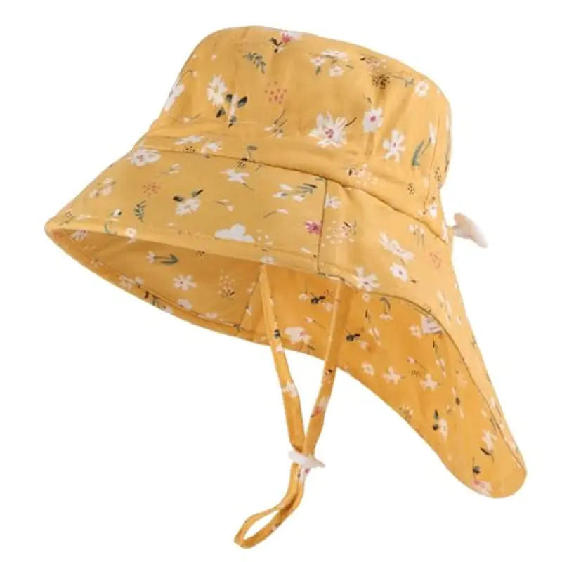 LACOFIA Cappello Estivo in Cotone Neonata Cappello da Sole Bambina Berretto UV Regolabile a Tesa Larga per Mare/Spiaggia/Piscina Giallo