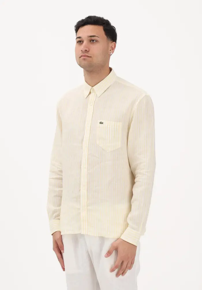 Camicia a manica lunga gialla e bianca da uomo con motivo a righe