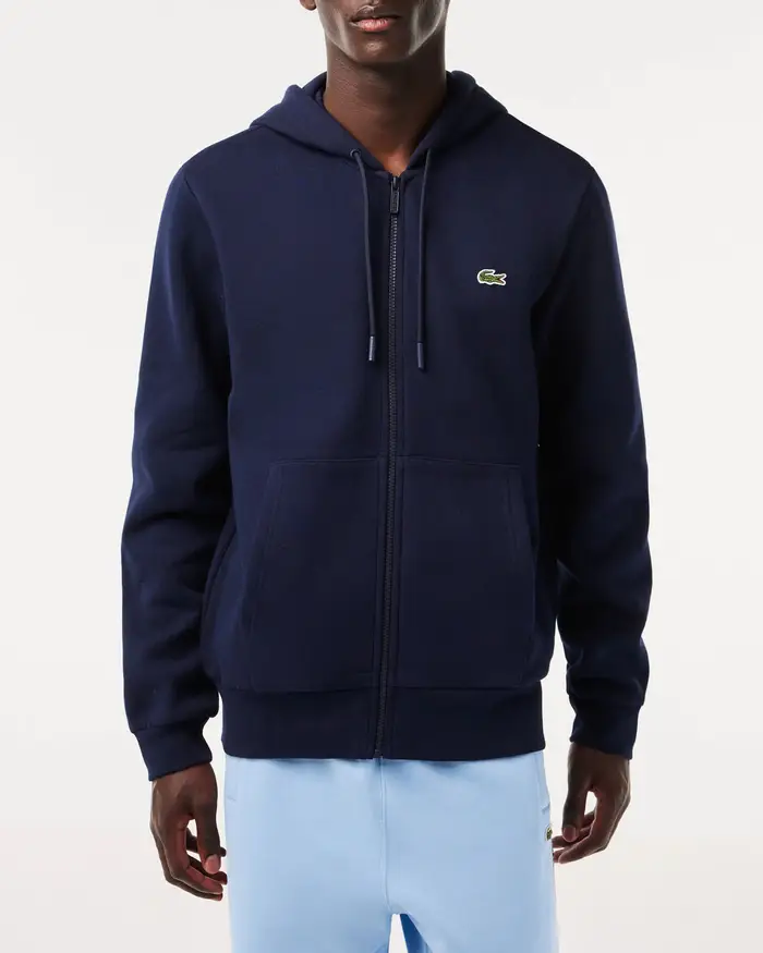 Felpa Lacoste blu con cappuccio e chiusura zip con logo ricamato sul petto