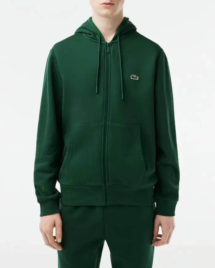 Felpa Lacoste verde con cappuccio e chiusura zip con logo ricamato sul petto