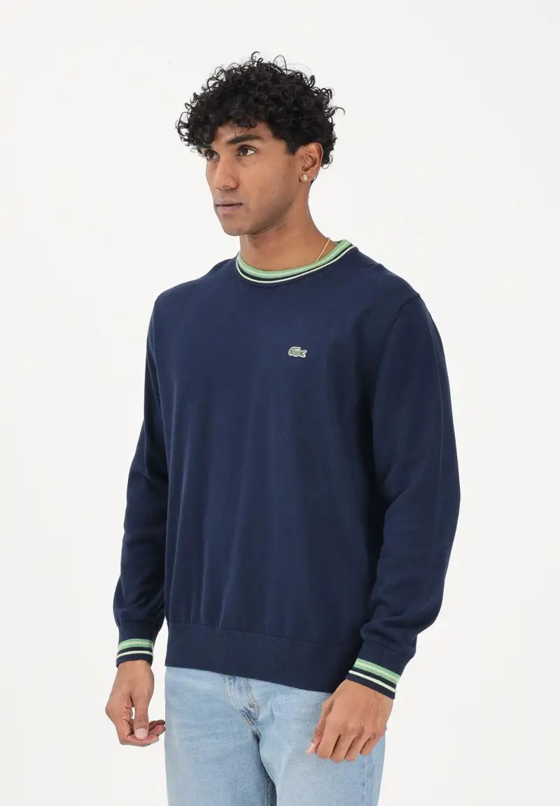 Lacoste Maglioncino girocollo blu da uomo in jersey di cotone a righe