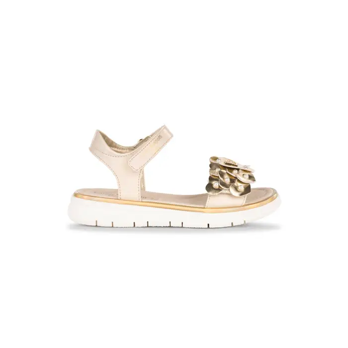 LAURA BIAGIOTTI Sandali oro da bambina con fiori decorativi e perle con chiusura a strappo