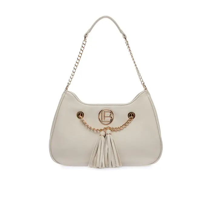 Tote bag panna a trapezio con nappine e logo