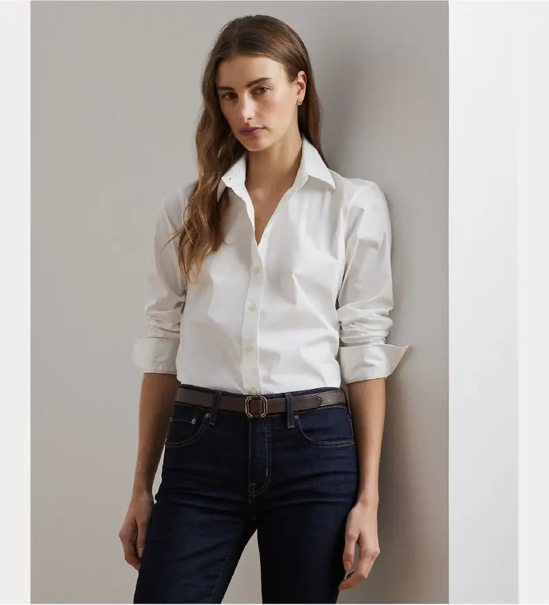 Lauren Ralph Lauren per donna 200684553001 Camicia bianca elasticizzata Easy Care, Bianco, Casual, Cotone, Manica lunga