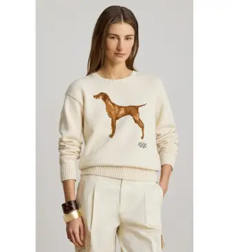 per donna 200P14120001 Maglione in cotone con cane intarsia bianco crema (XL), Casual