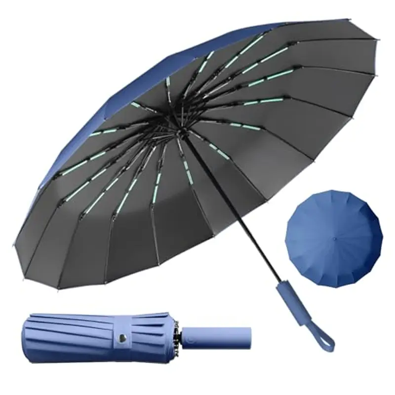LENDOO Ombrello Pieghevole Antivento, Ombrello Automatico Ombrello Compatto Pieghevole a 16 Costole, Grande Ombrello Tascabile Con Apertura