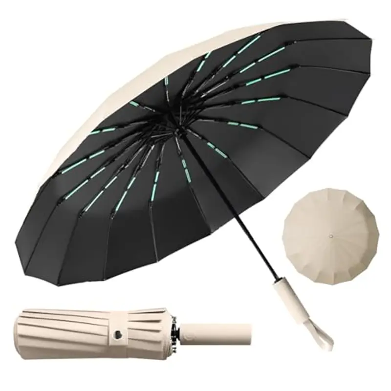 LENDOO Ombrello Pieghevole Antivento, Ombrello Automatico Ombrello Compatto Pieghevole a 16 Costole, Grande Ombrello Tascabile Con Apertura