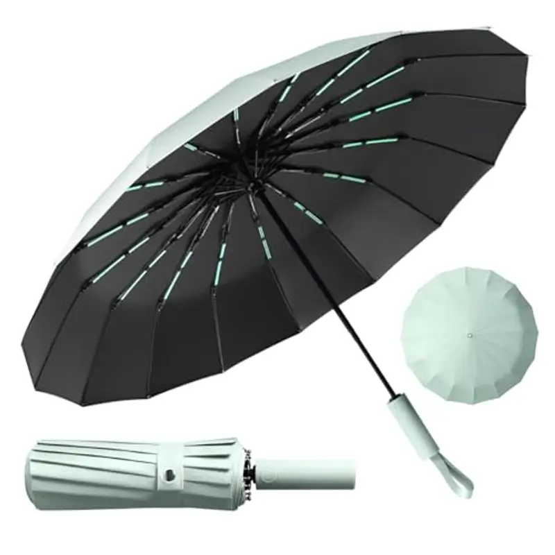 LENDOO Ombrello Pieghevole Antivento, Ombrello Automatico Ombrello Compatto Pieghevole a 16 Costole, Grande Ombrello Tascabile Con Apertura