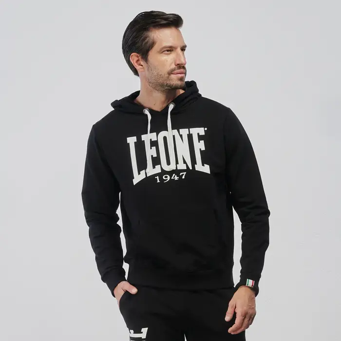 LEONE Felpa sportiva nera da uomo con cappuccio e maxi logo